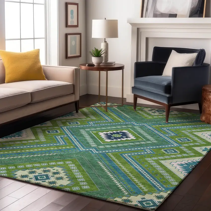 Lime Green Teal And Ivory Tribal Washable Area Rug With UV Protection Photo 4