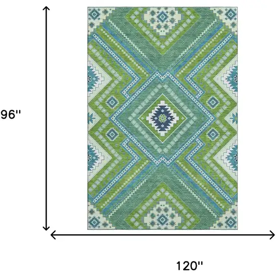 Lime Green Teal And Ivory Tribal Washable Area Rug With UV Protection Photo 7