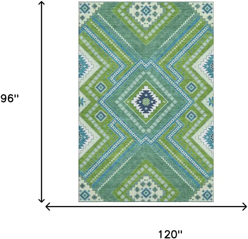 Lime Green Teal And Ivory Tribal Washable Area Rug With UV Protection Photo 7