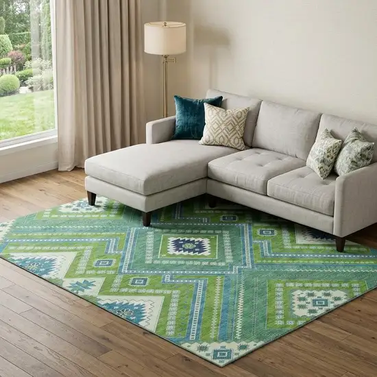 Lime Green Teal And Ivory Tribal Washable Area Rug With UV Protection Photo 1