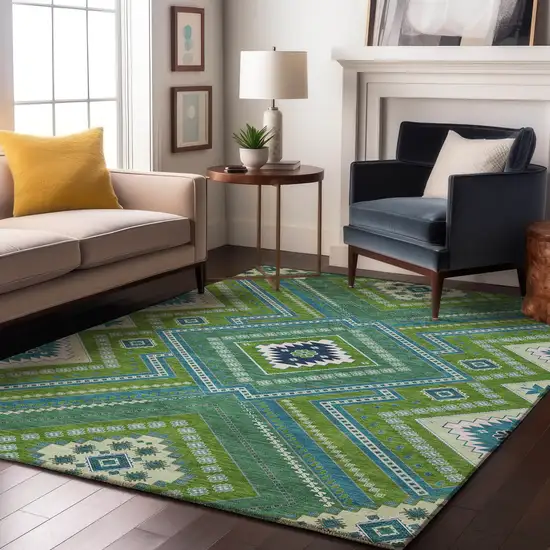 Lime Green Teal And Ivory Tribal Washable Area Rug With UV Protection Photo 4