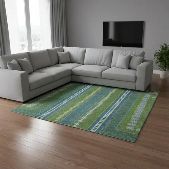 Lime Green Teal And Ivory Tribal Washable Area Rug With UV Protection Photo 2