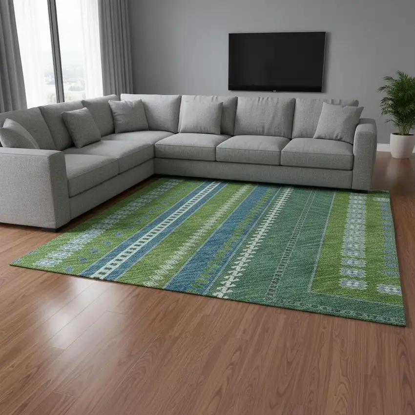 Lime Green Teal And Ivory Tribal Washable Area Rug With UV Protection Photo 2