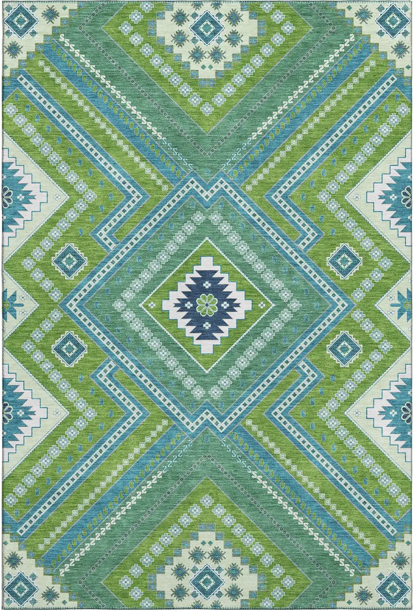 Lime Green Teal And Ivory Tribal Washable Area Rug With UV Protection Photo 6