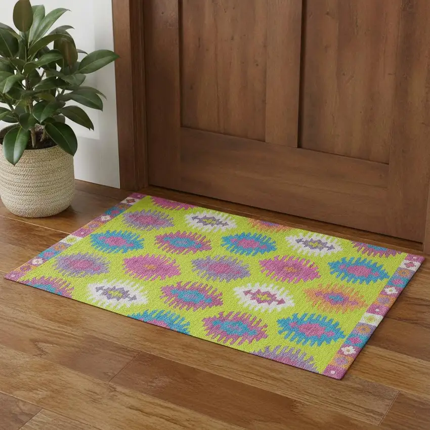 Lime Green Teal And Purple Southwestern Washable Area Rug With UV Protection Photo 1