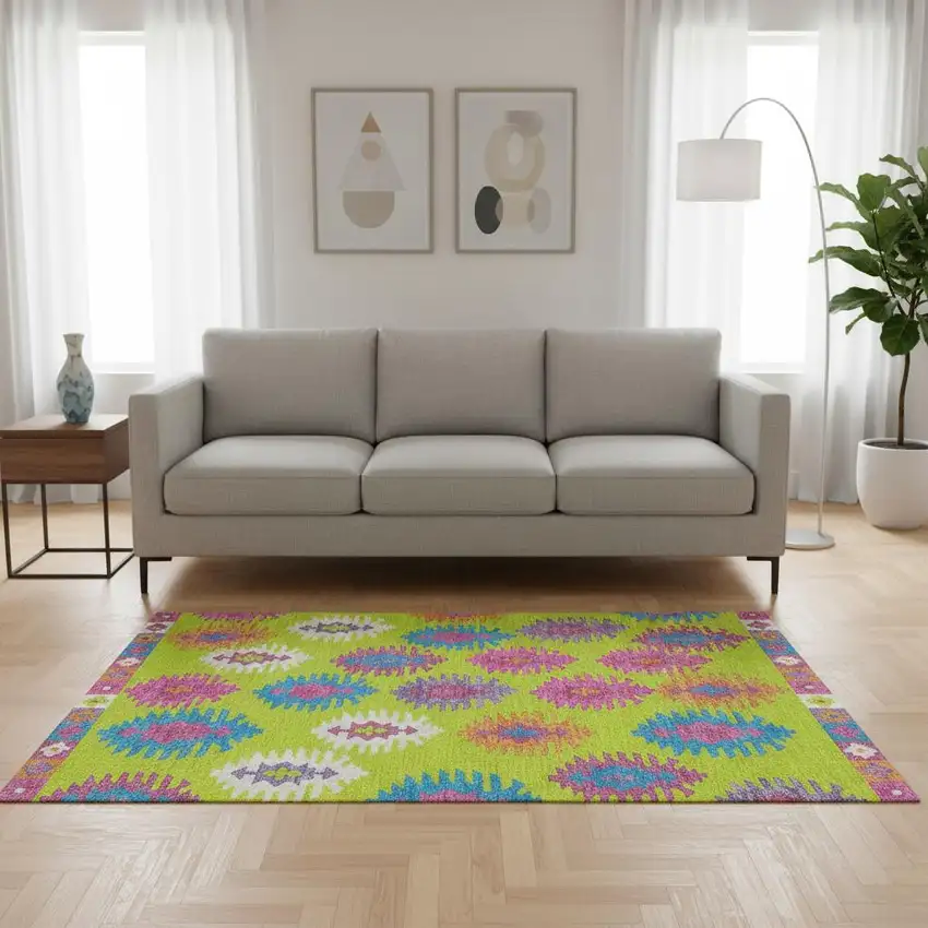 Lime Green Teal And Purple Southwestern Washable Area Rug With UV Protection Photo 2