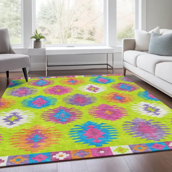 Lime Green Teal And Purple Southwestern Washable Area Rug With UV Protection Photo 5