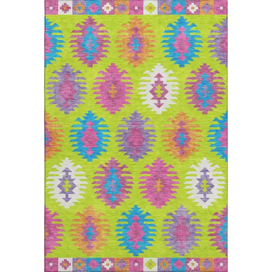 Lime Green Teal And Purple Southwestern Washable Area Rug With UV Protection Photo 1