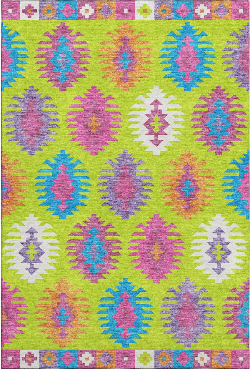 Lime Green Teal And Purple Southwestern Washable Area Rug With UV Protection Photo 1
