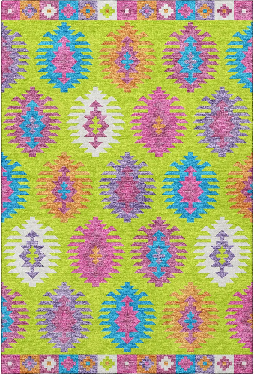 Lime Green Teal And Purple Southwestern Washable Area Rug With UV Protection Photo 3