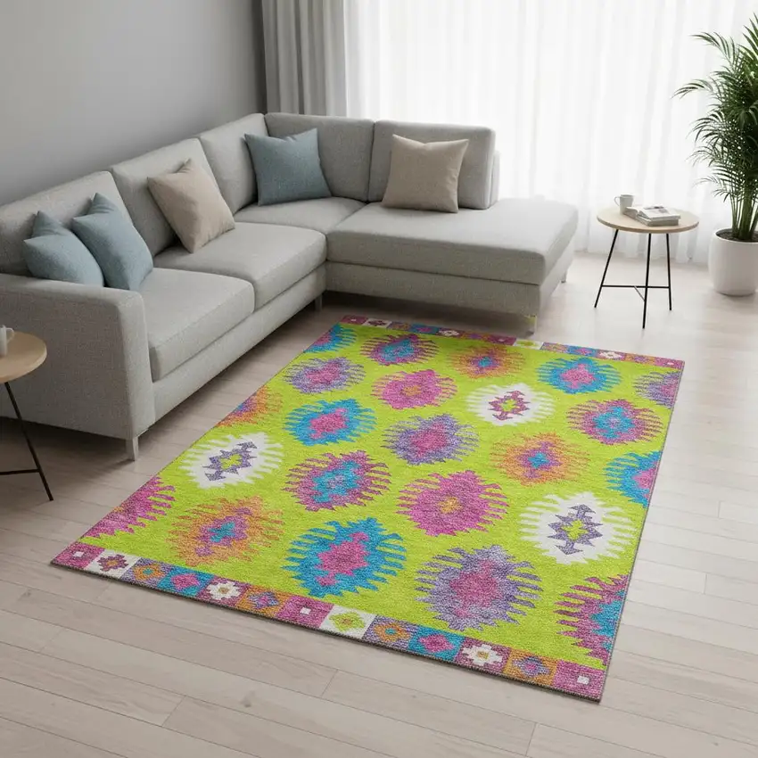 Lime Green Teal And Purple Southwestern Washable Area Rug With UV Protection Photo 2