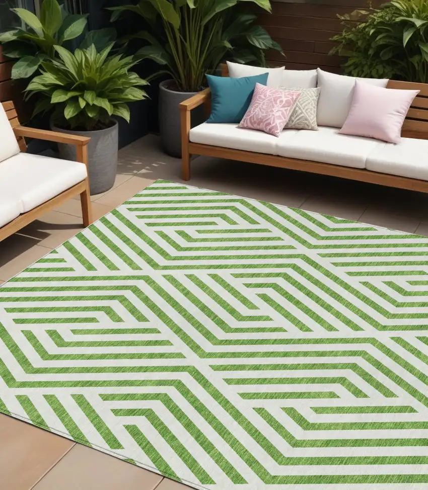 Lime Green and White Geometric Washable Non Skid Indoor Outdoor Area Rug Photo 1