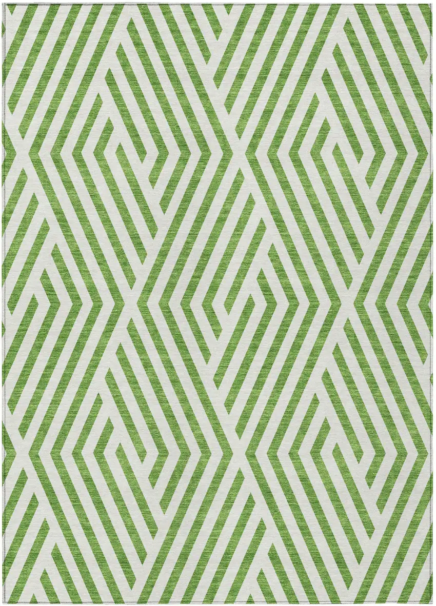 Lime Green and White Geometric Washable Non Skid Indoor Outdoor Area Rug Photo 2