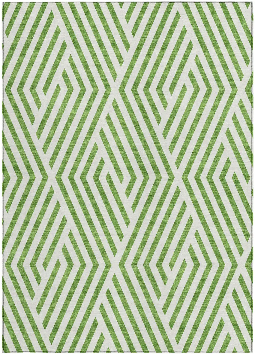 Lime Green and White Geometric Washable Non Skid Indoor Outdoor Area Rug Photo 2