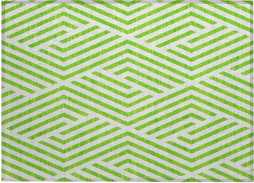 Lime Green and White Geometric Washable Non Skid Indoor Outdoor Area Rug Photo 2