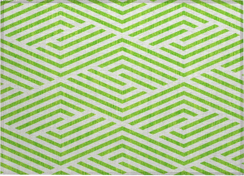 Lime Green and White Geometric Washable Non Skid Indoor Outdoor Area Rug Photo 2