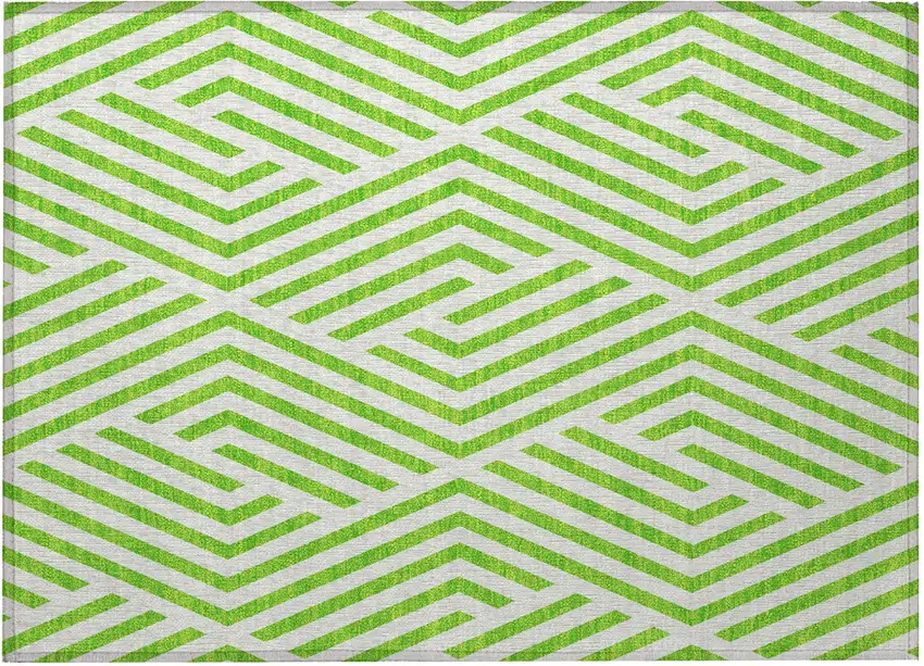 Lime Green and White Geometric Washable Non Skid Indoor Outdoor Area Rug Photo 5