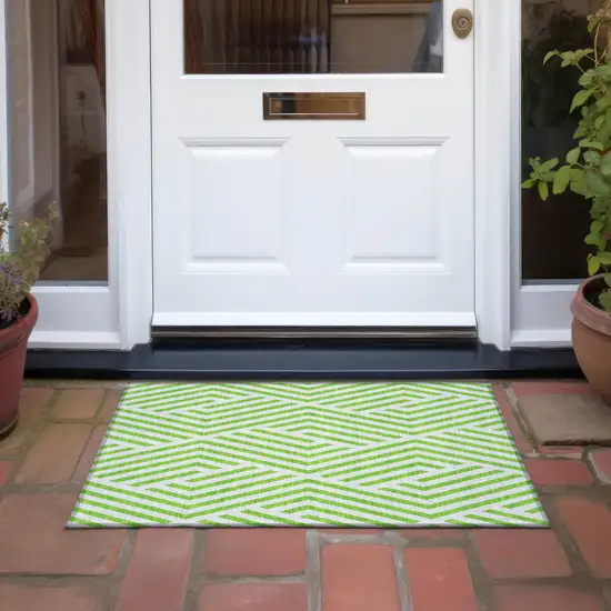 Lime Green and White Geometric Washable Non Skid Indoor Outdoor Area Rug Photo 8