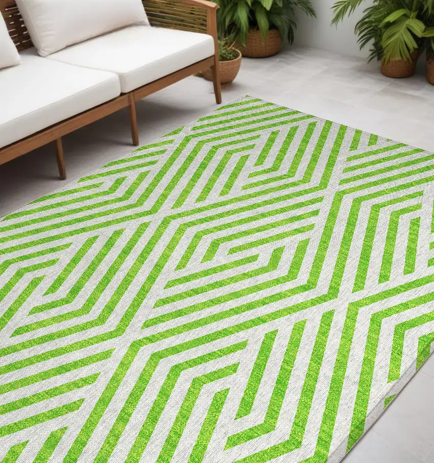 Lime Green and White Geometric Washable Non Skid Indoor Outdoor Area Rug Photo 1