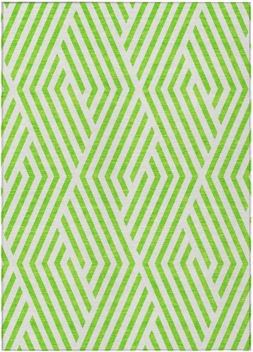Lime Green and White Geometric Washable Non Skid Indoor Outdoor Area Rug Photo 2