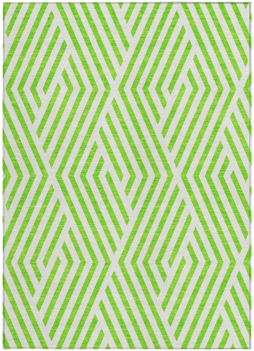 Lime Green and White Geometric Washable Non Skid Indoor Outdoor Area Rug Photo 4
