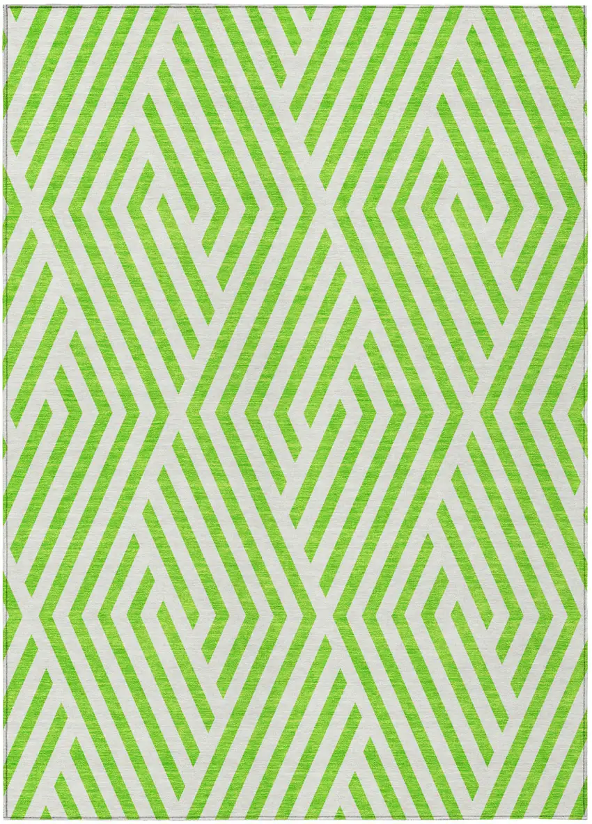 Lime Green and White Geometric Washable Non Skid Indoor Outdoor Area Rug Photo 2