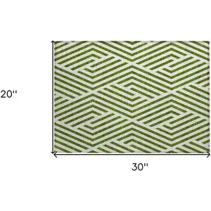 Photo of Lime Green and White Geometric Washable Non Skid Indoor Outdoor Area Rug