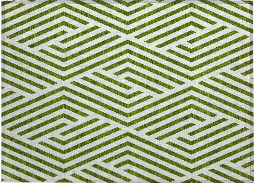Lime Green and White Geometric Washable Non Skid Indoor Outdoor Area Rug Photo 1