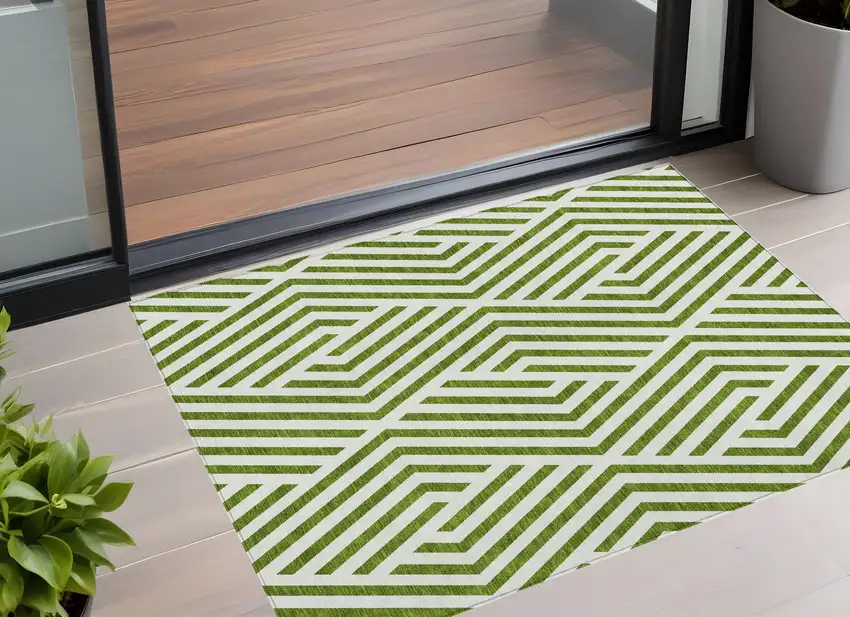Lime Green and White Geometric Washable Non Skid Indoor Outdoor Area Rug Photo 2