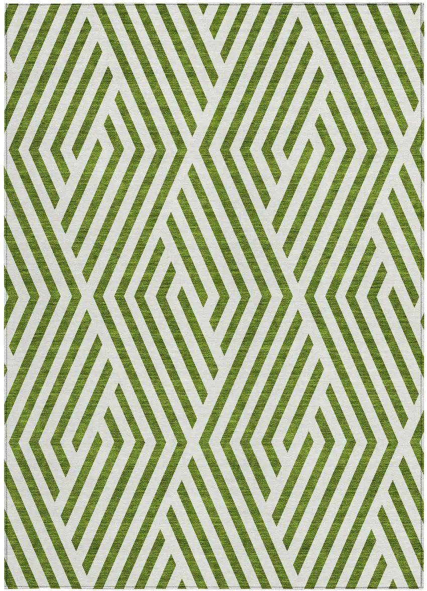 Lime Green and White Geometric Washable Non Skid Indoor Outdoor Area Rug Photo 5
