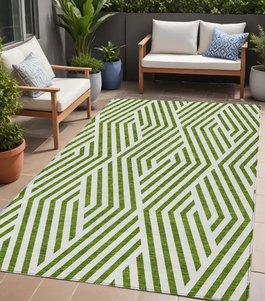 Lime Green and White Geometric Washable Non Skid Indoor Outdoor Area Rug Photo 1