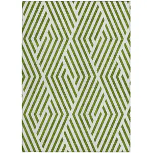 Photo of Lime Green and White Geometric Washable Non Skid Indoor Outdoor Area Rug