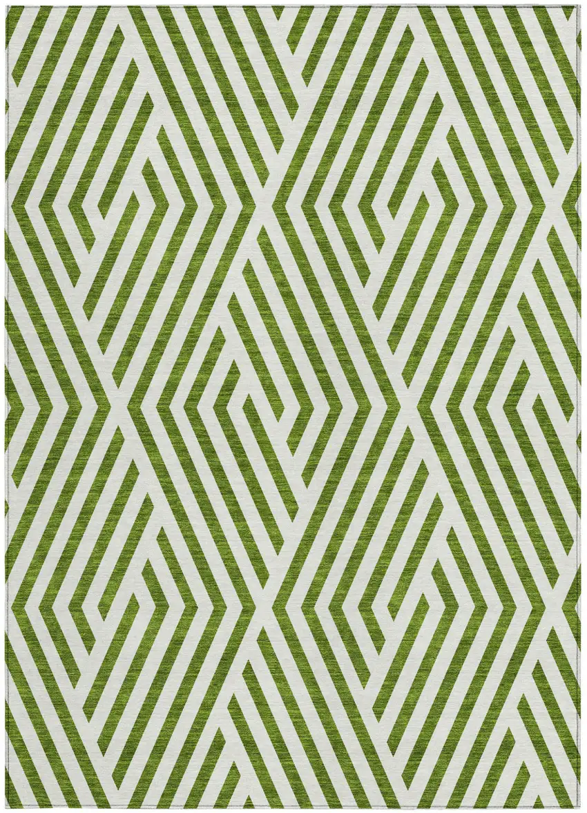 Lime Green and White Geometric Washable Non Skid Indoor Outdoor Area Rug Photo 4