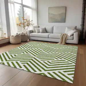 Photo of Lime Green and White Geometric Washable Non Skid Indoor Outdoor Area Rug