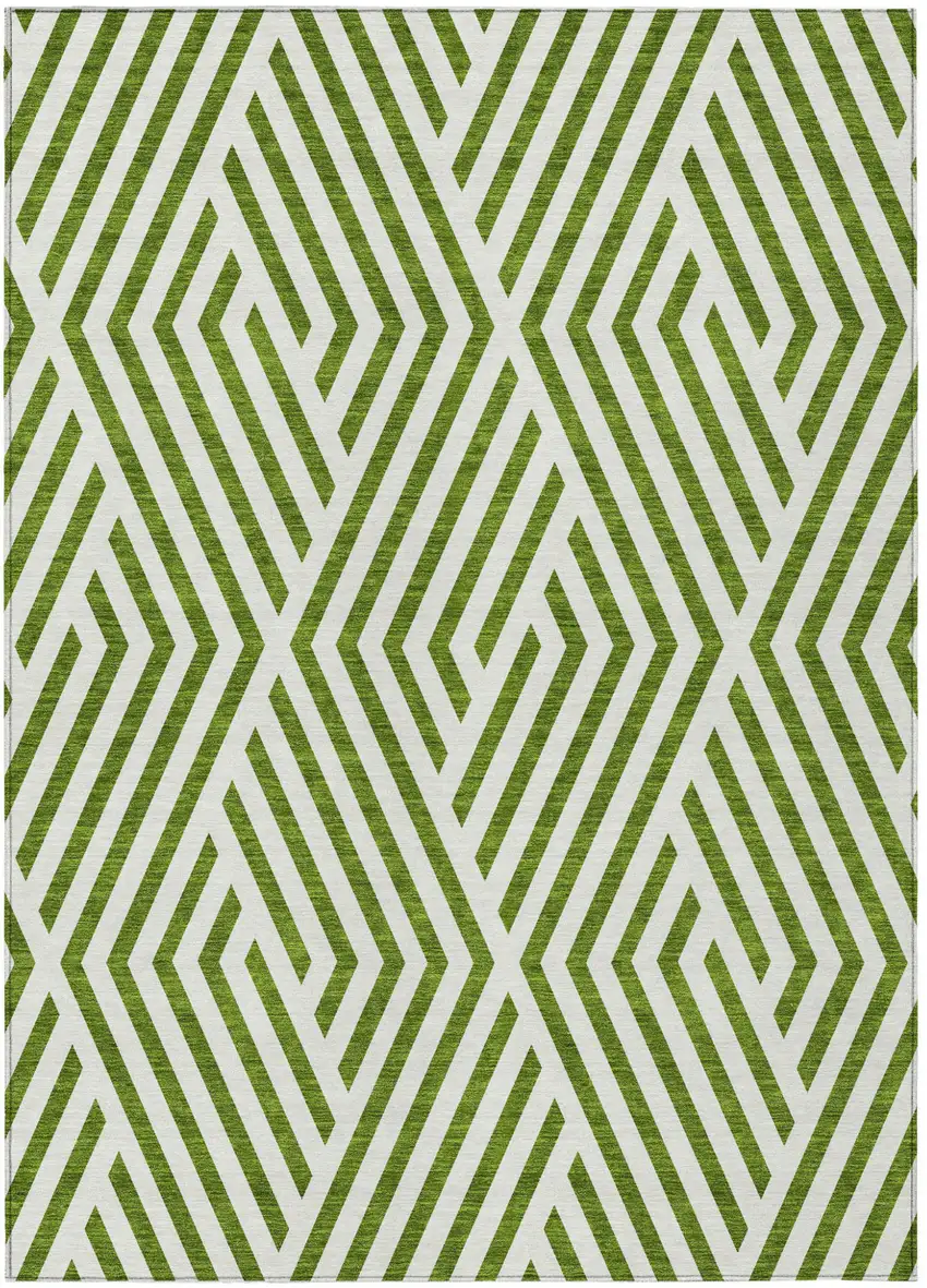 Lime Green and White Geometric Washable Non Skid Indoor Outdoor Area Rug Photo 2