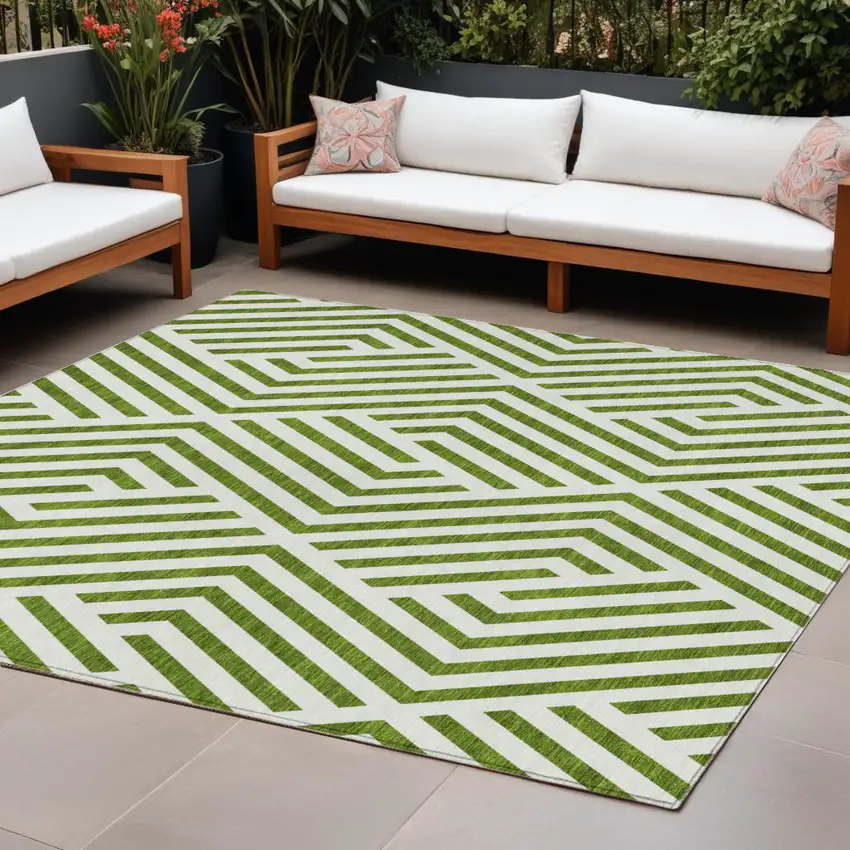 Lime Green and White Geometric Washable Non Skid Indoor Outdoor Area Rug Photo 1
