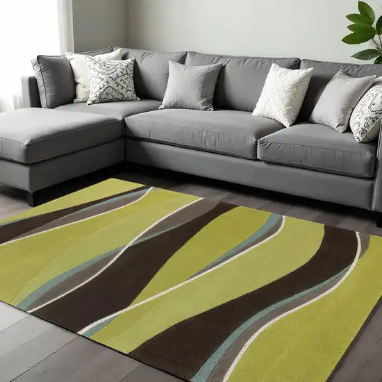 Lime Green Brown And Blue Wool Abstract Hand Tufted Area Rug Photo 1