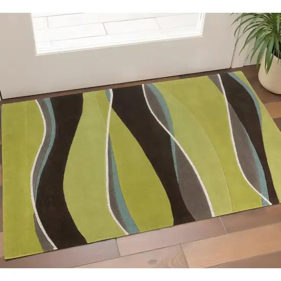 Lime Green Brown And Blue Wool Abstract Hand Tufted Area Rug Photo 8