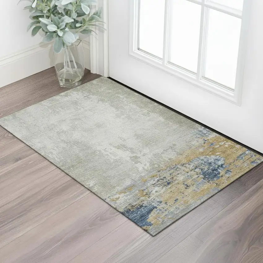 Linen And Beige Abstract Washable Area Rug With UV Protection Photo 2