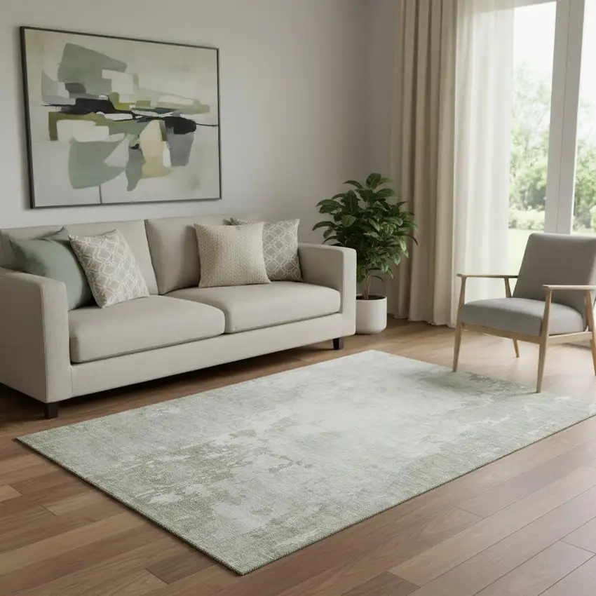 Linen And Beige Abstract Washable Area Rug With UV Protection Photo 2