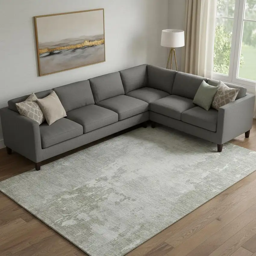 Linen And Beige Abstract Washable Area Rug With UV Protection Photo 2