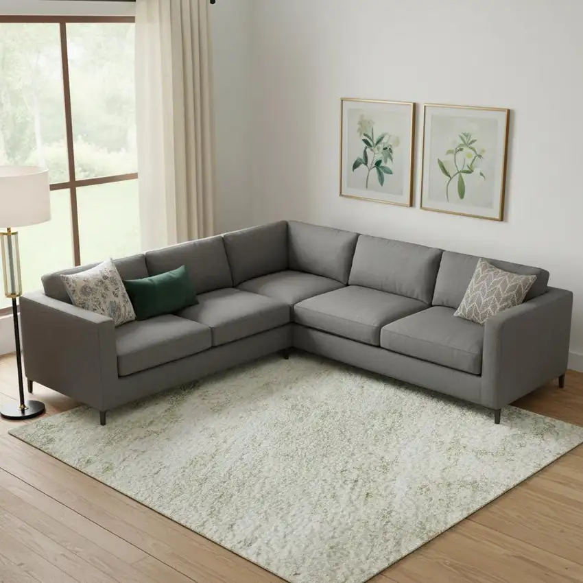 Linen And Beige Abstract Washable Area Rug With UV Protection Photo 2