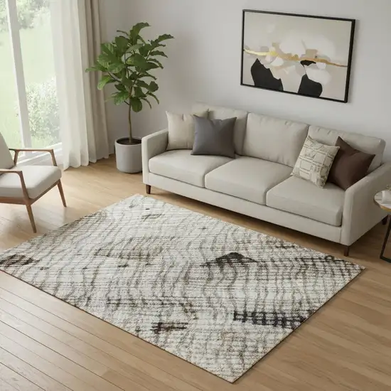 Linen And Beige Abstract Washable Area Rug With UV Protection Photo 2