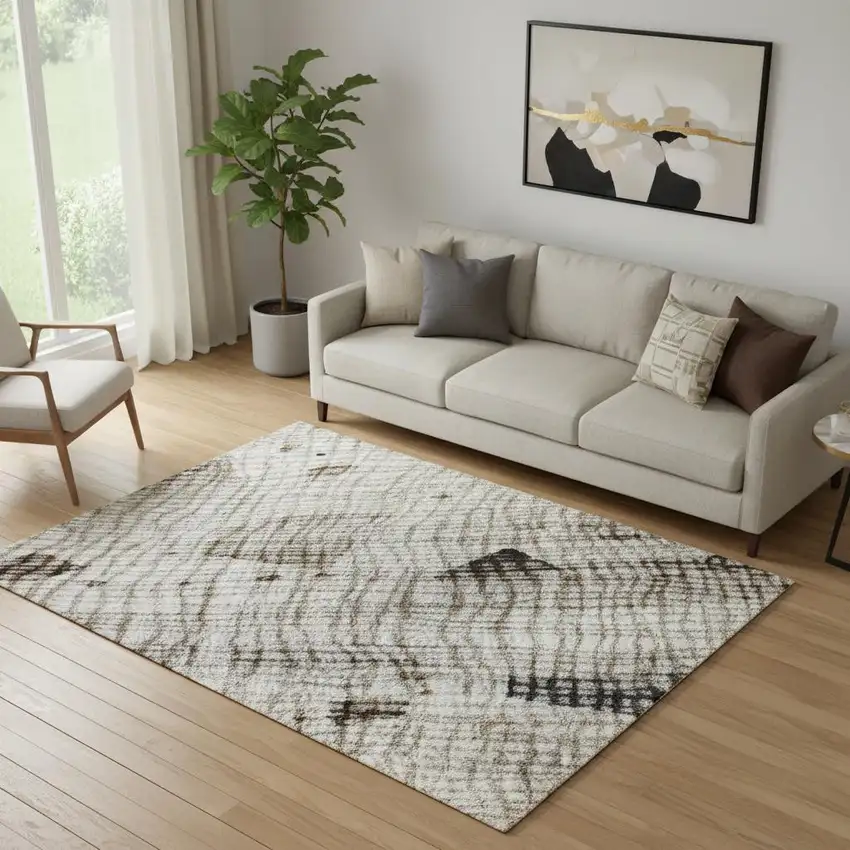 Linen And Beige Abstract Washable Area Rug With UV Protection Photo 2