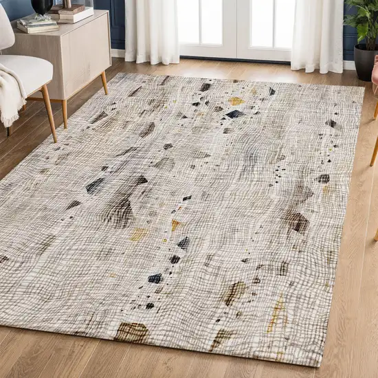 Linen And Beige Abstract Washable Area Rug With UV Protection Photo 5