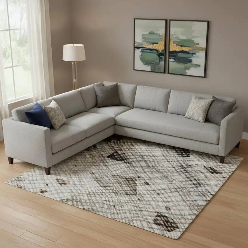 Linen And Beige Abstract Washable Area Rug With UV Protection Photo 2