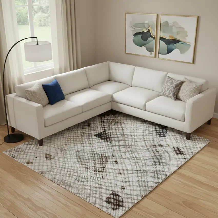 Linen And Beige Abstract Washable Area Rug With UV Protection Photo 2