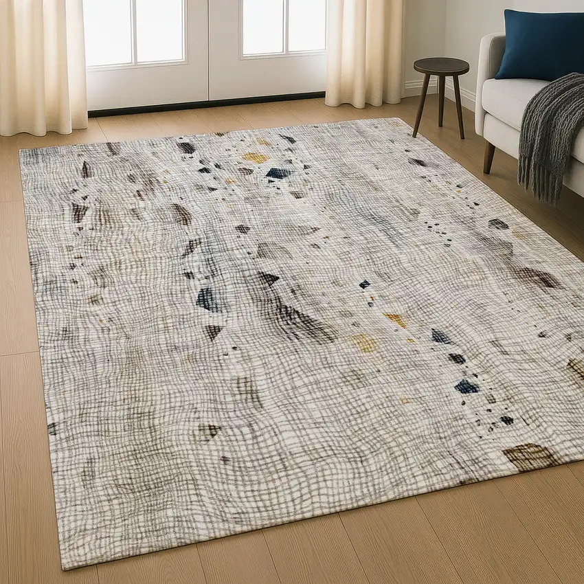 Linen And Beige Abstract Washable Area Rug With UV Protection Photo 5