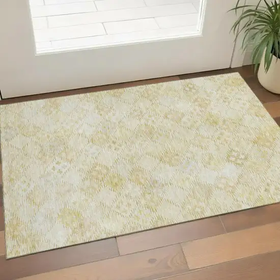 Linen And Beige Geometric Washable Area Rug With UV Protection Photo 1