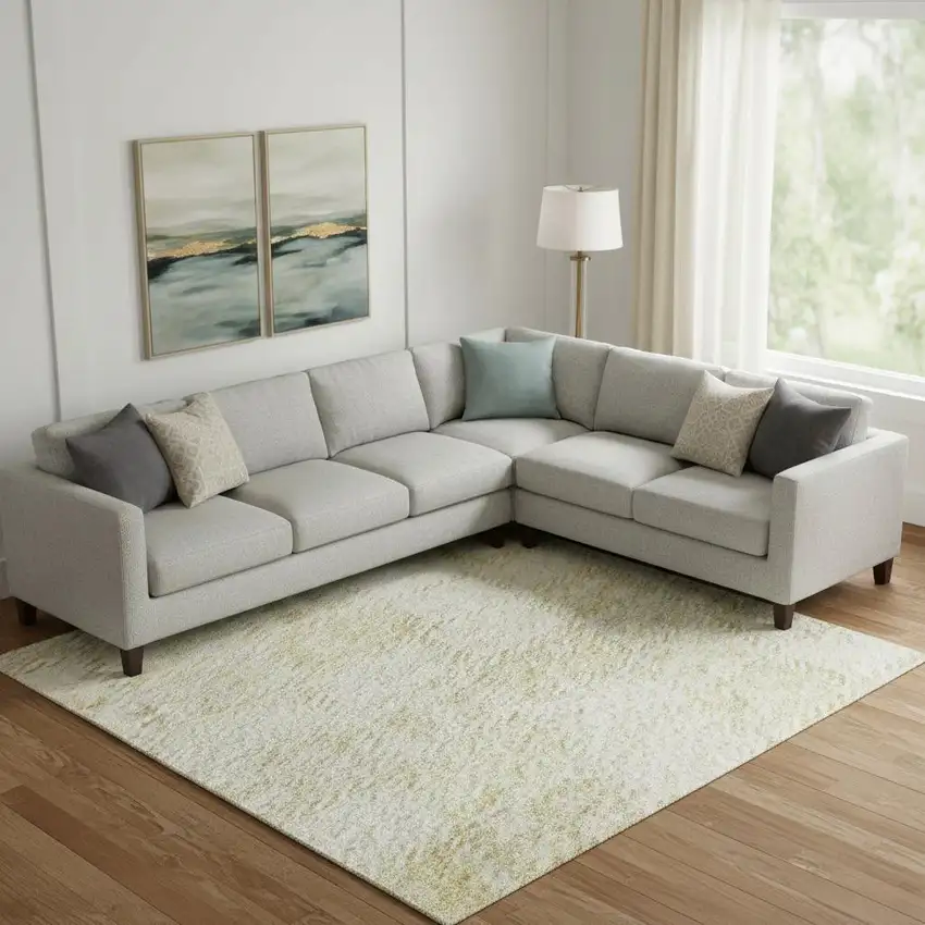 Linen And Beige Geometric Washable Area Rug With UV Protection Photo 2